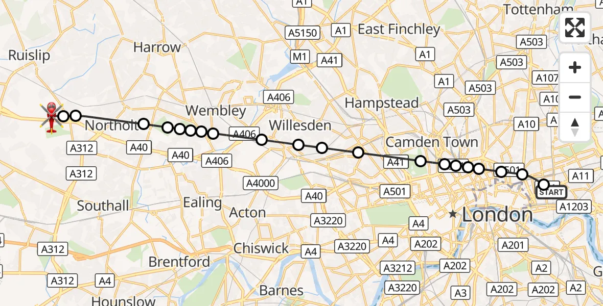 Flight route Air Ambulance Helicopter Royal London Hospital - RAF Northolt, 23 October 2026, 16:56