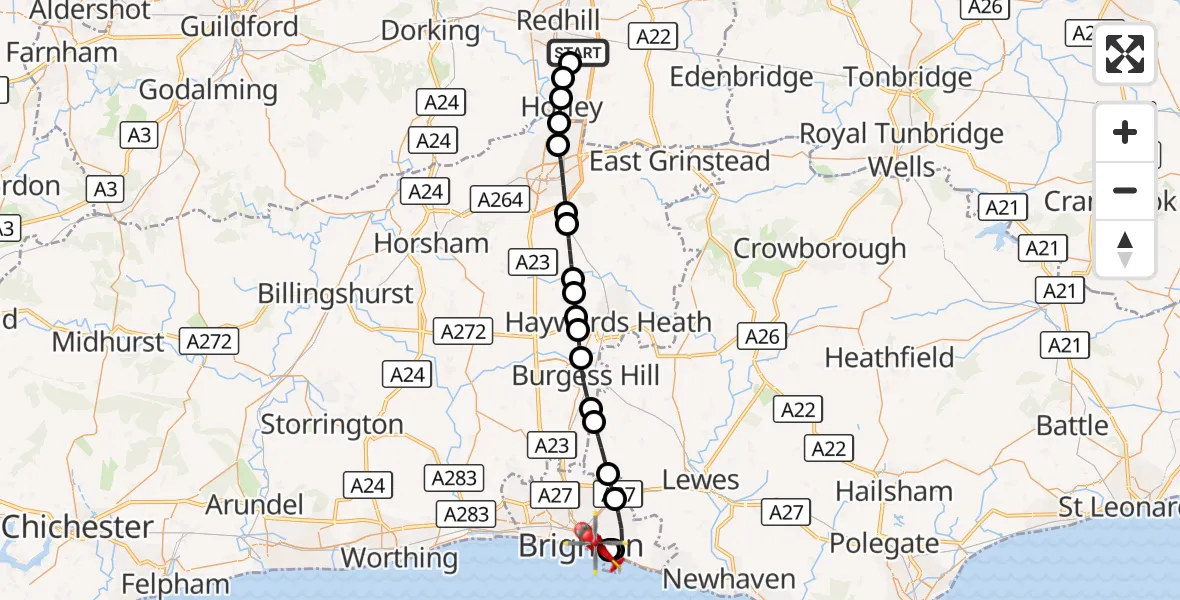 Flight route Air Ambulance Helicopter Redhill Aerodrome - Brighton, 23 October 2026, 17:02