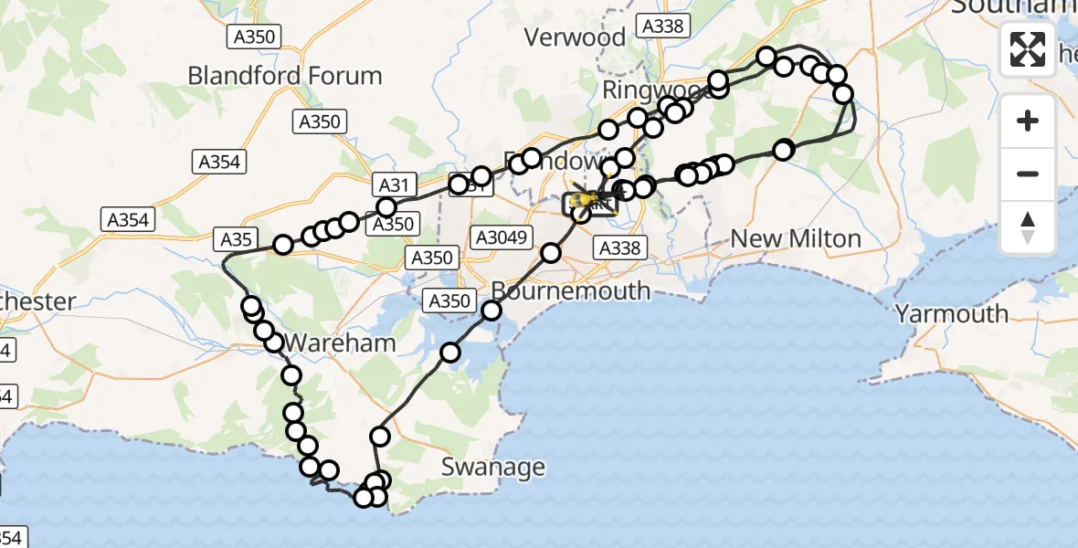 Flight route Police Helicopter Hurn - Bournemouth Airport, 23 October 2026, 17:02