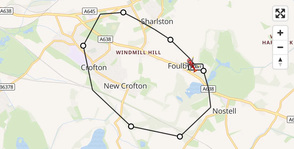 Flight route Air Ambulance Helicopter YAA Nostell Helicopter Port - YAA Nostell Helicopter Port, 23 October 2026, 17:08