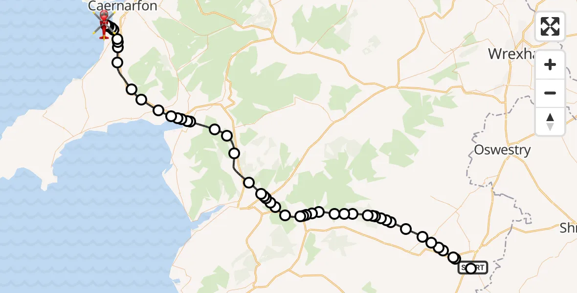 Flight route Air Ambulance Helicopter Welshpool Airport - Caernarfon Airport, 23 October 2026, 17:16