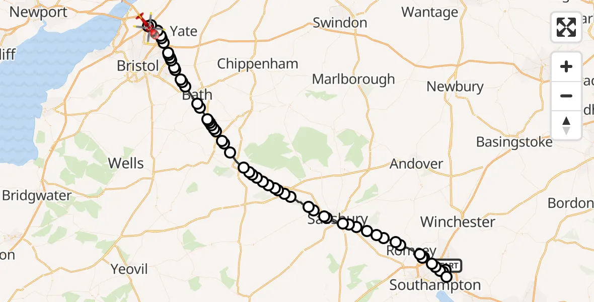Flight route Air Ambulance Helicopter Southampton Airport - Almondsbury Helicopter Base, 23 October 2026, 17:21