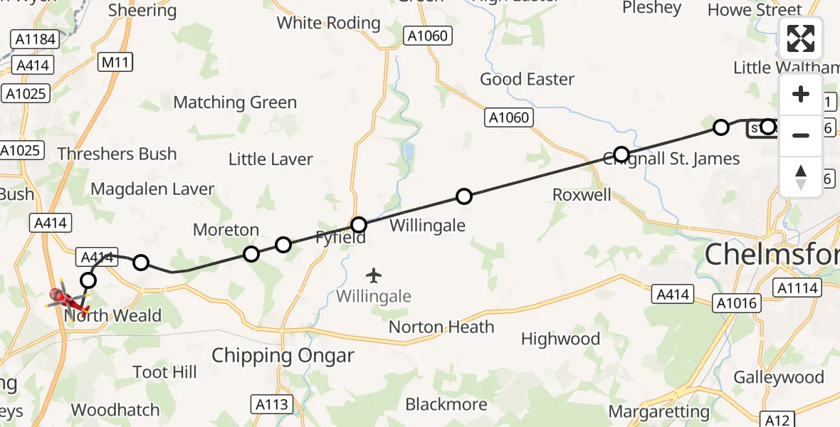Flight route Air Ambulance Helicopter Broomfield Hospital - North Weald Airfield, 23 October 2026, 17:23