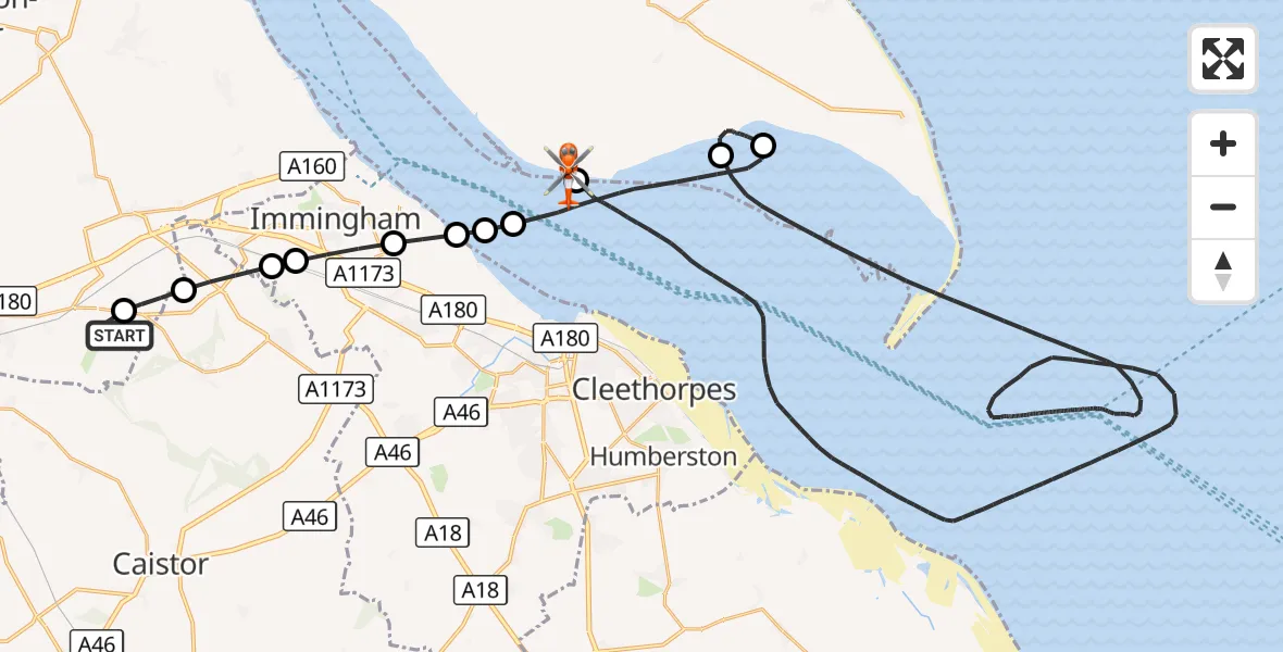 Flight route Coastguard Helicopter Humberside Airport - Sunk Island, 23 October 2026, 18:01
