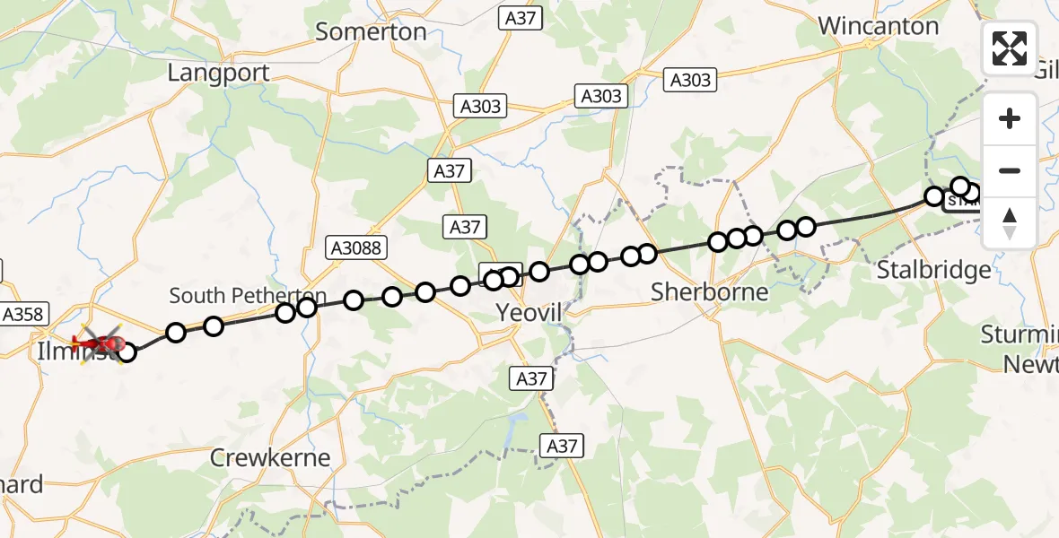 Flight route Air Ambulance Helicopter Henstridge Airfield - Ilminster, 23 October 2026, 18:10