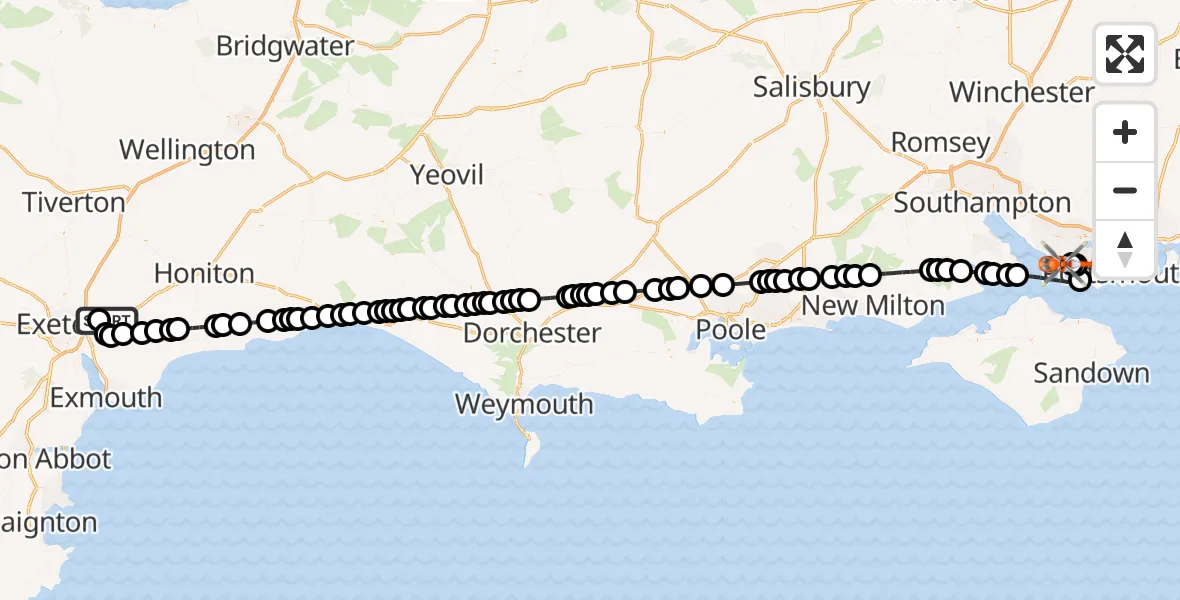 Flight route Coastguard Helicopter Exeter International Airport - Solent Airport, 23 October 2026, 18:29