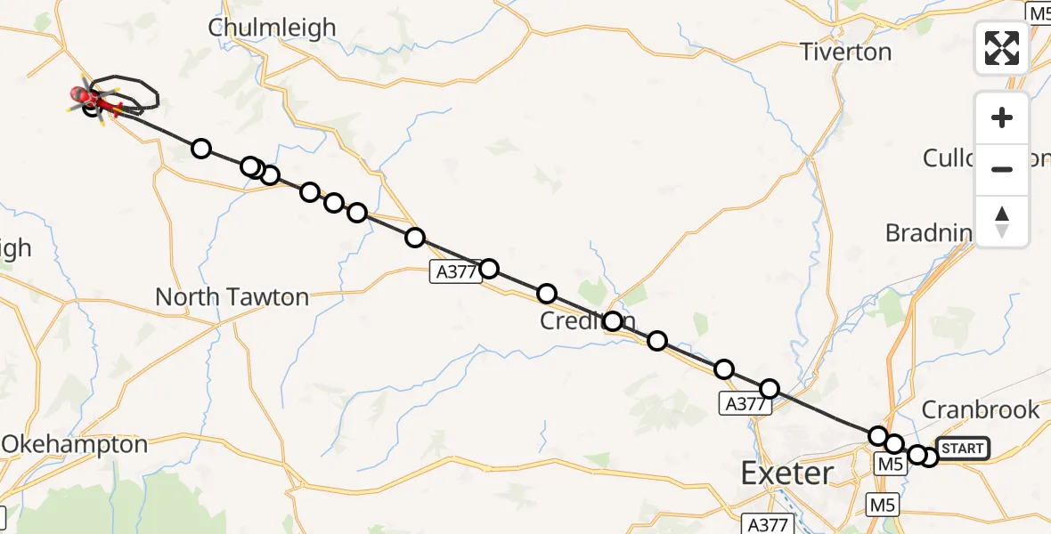 Flight route Air Ambulance Helicopter Exeter International Airport - Winkleigh, 23 October 2026, 18:42