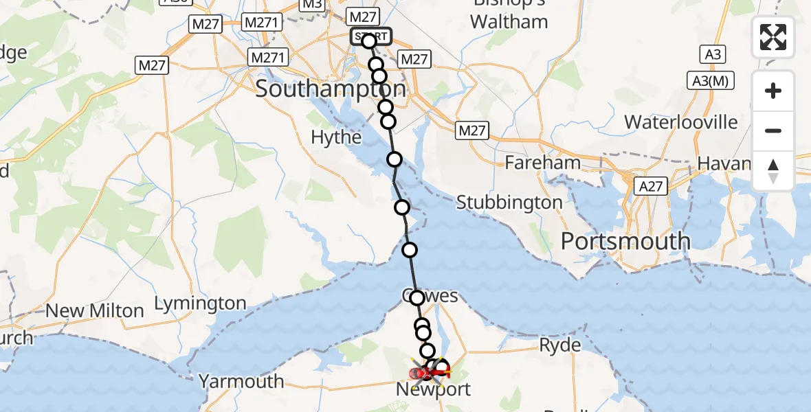 Flight route Air Ambulance Helicopter Southampton Airport - Newport, 23 October 2026, 18:45