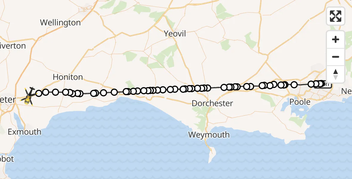Flight route Police Helicopter Parley Cross - Rockbeare, 23 October 2026, 18:48