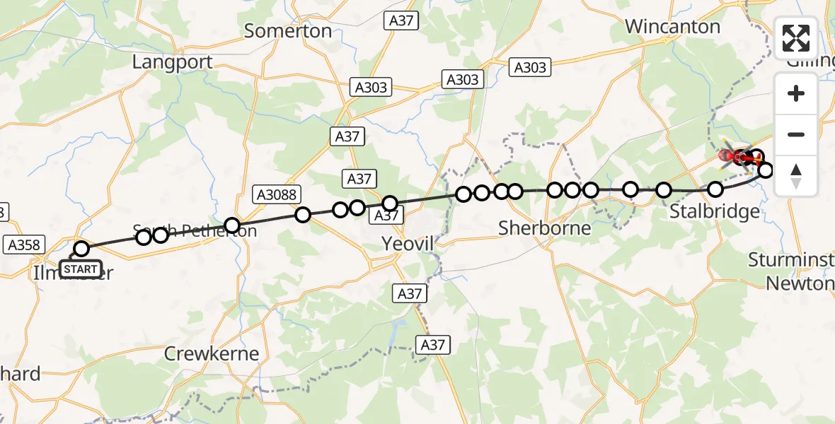 Flight route Air Ambulance Helicopter Ilminster - Henstridge Airfield, 23 October 2026, 18:57
