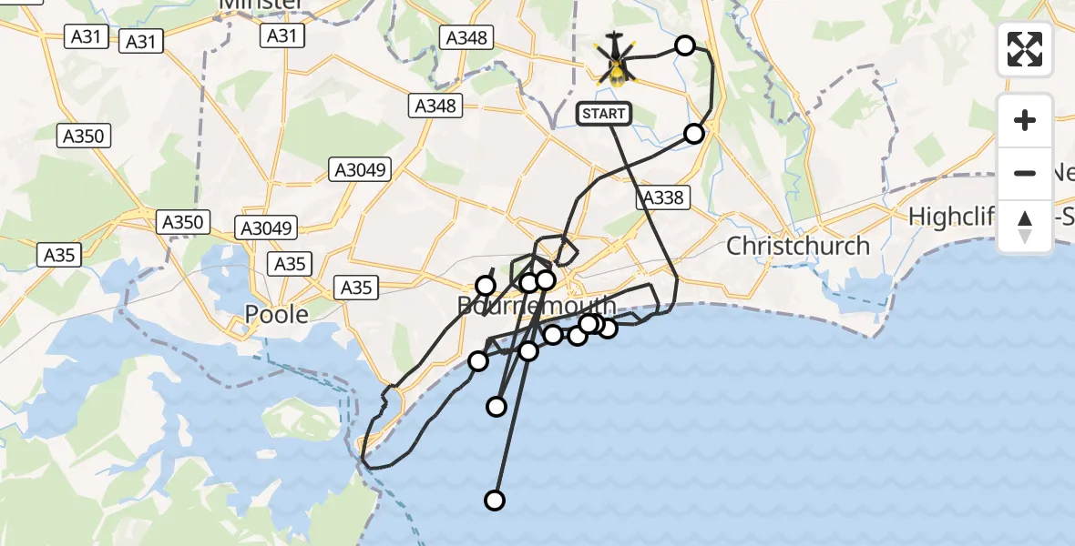 Flight route Police Helicopter Bournemouth - Bournemouth Airport, 23 October 2026, 18:59