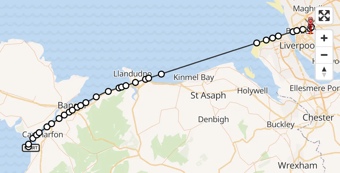Flight route Air Ambulance Helicopter Caernarfon Airport - Aintree University Hospital Heliport, 23 October 2026, 19:08
