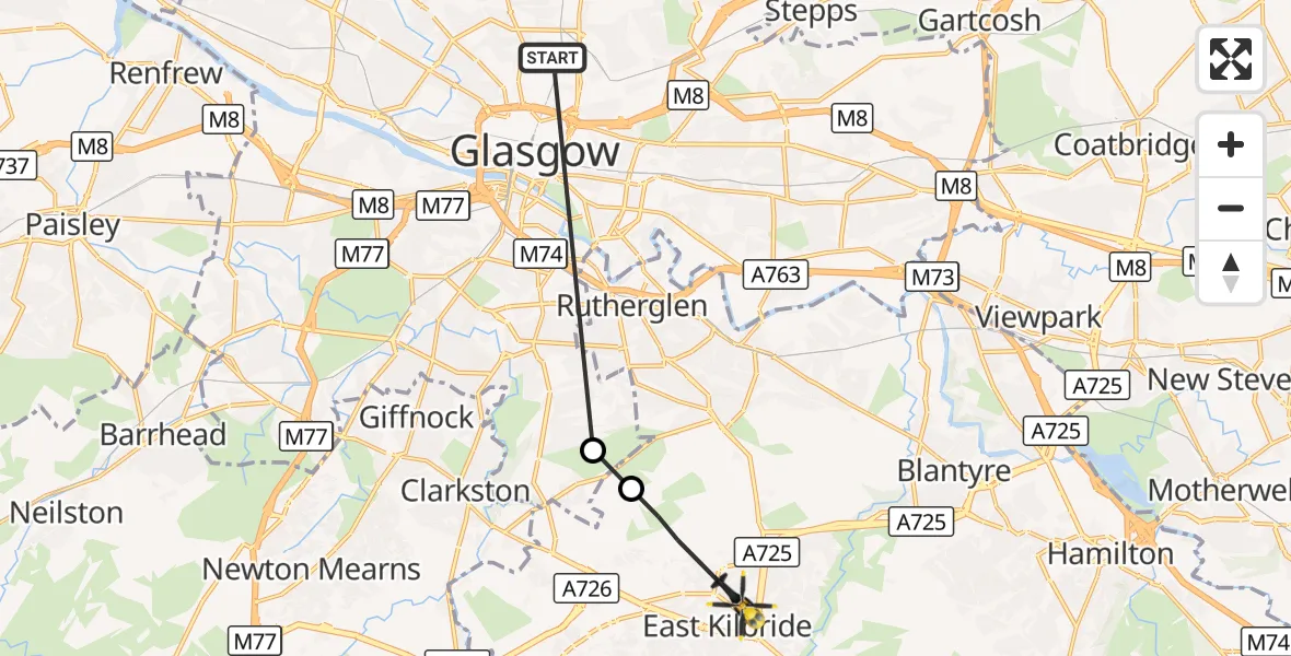 Flight route Police Helicopter Glasgow - East Kilbride, 23 October 2026, 19:13