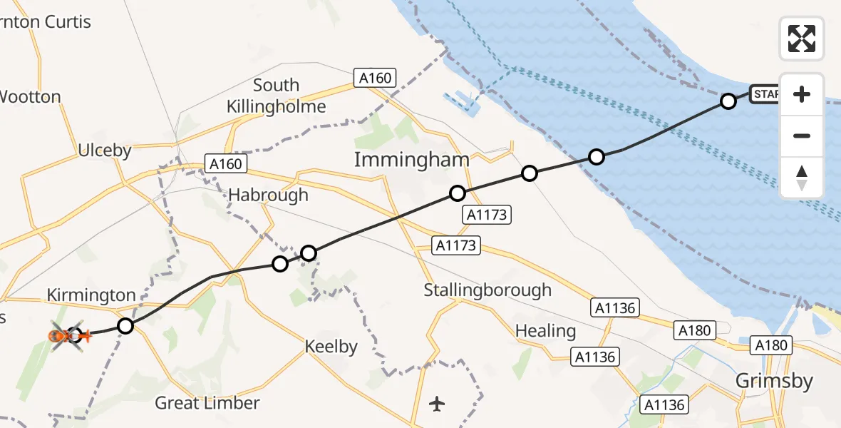 Flight route Coastguard Helicopter Sunk Island - Humberside Airport, 23 October 2026, 19:15