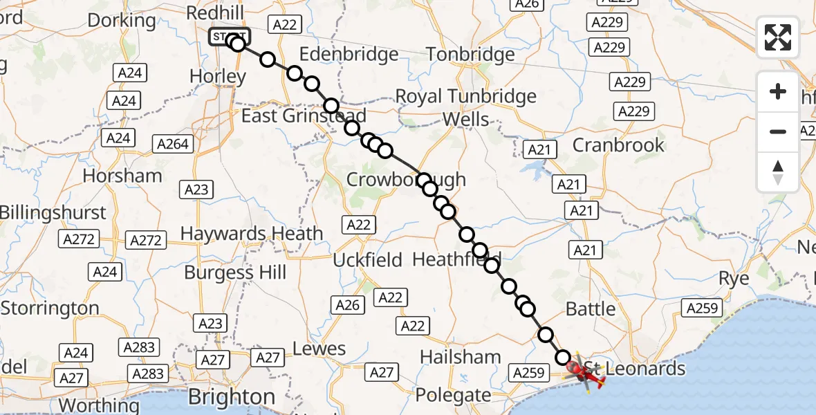 Flight route Air Ambulance Helicopter Redhill Aerodrome - Bexhill-on-Sea, 23 October 2026, 19:23
