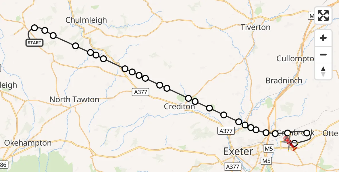 Flight route Air Ambulance Helicopter Winkleigh - Exeter International Airport, 23 October 2026, 19:39