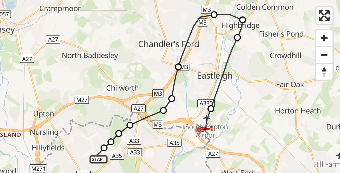 Flight route Air Ambulance Helicopter University Hospital Southampton - Southampton Airport, 23 October 2026, 19:50