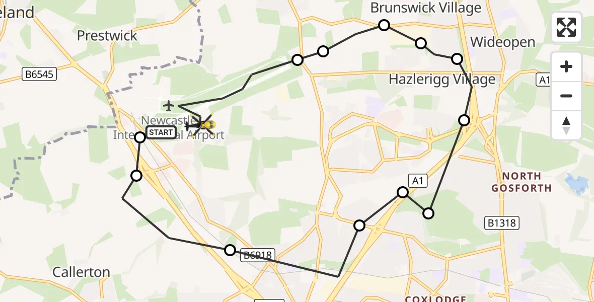 Flight route Police Helicopter Newcastle International Airport - Newcastle International Airport, 23 October 2026, 20:07