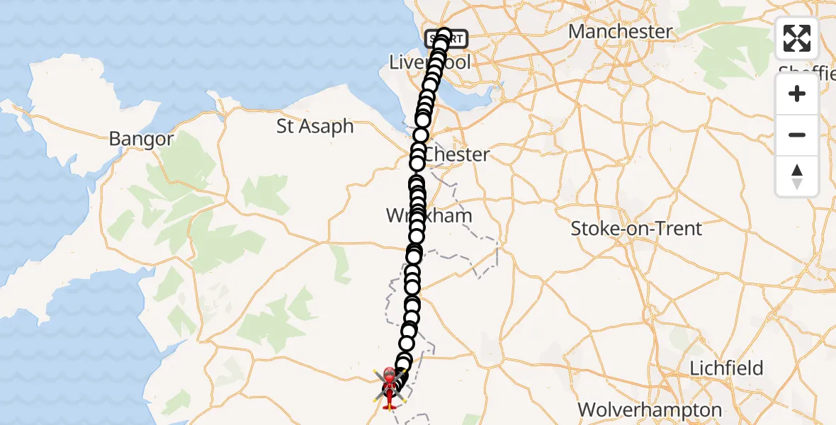 Flight route Air Ambulance Helicopter Aintree University Hospital Heliport - Welshpool Airport, 23 October 2026, 20:09
