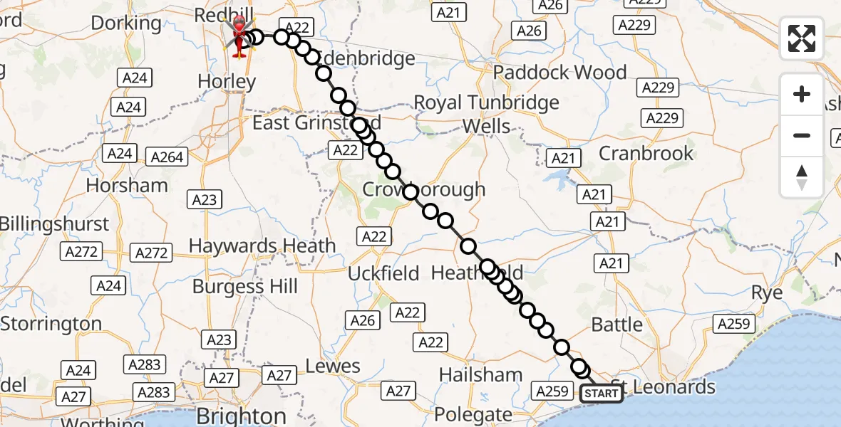 Flight route Air Ambulance Helicopter Bexhill-on-Sea - Redhill Aerodrome, 23 October 2026, 20:19