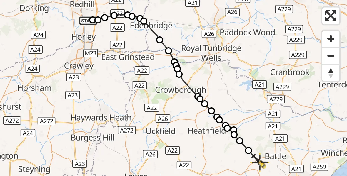 Flight route Police Helicopter Redhill Aerodrome - Ashburnham, 23 October 2026, 20:31