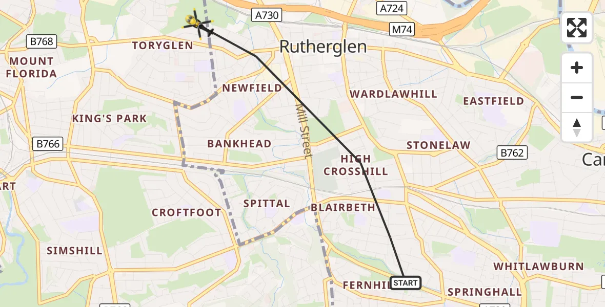 Flight route Police Helicopter Rutherglen - Glasgow, 23 October 2026, 20:41