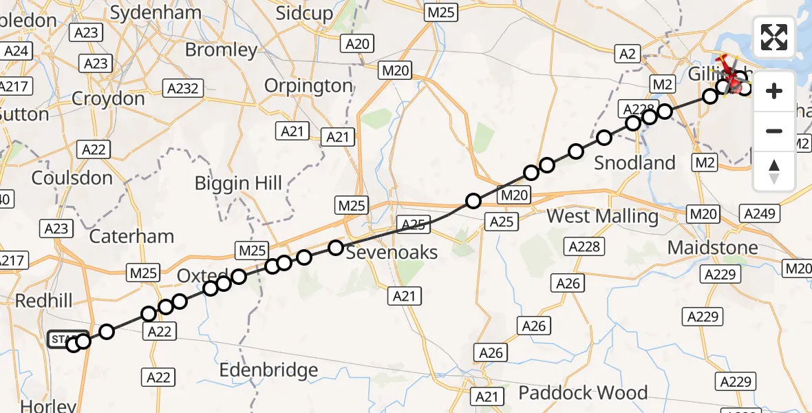Flight route Air Ambulance Helicopter Redhill Aerodrome - Gillingham, 23 October 2026, 20:56