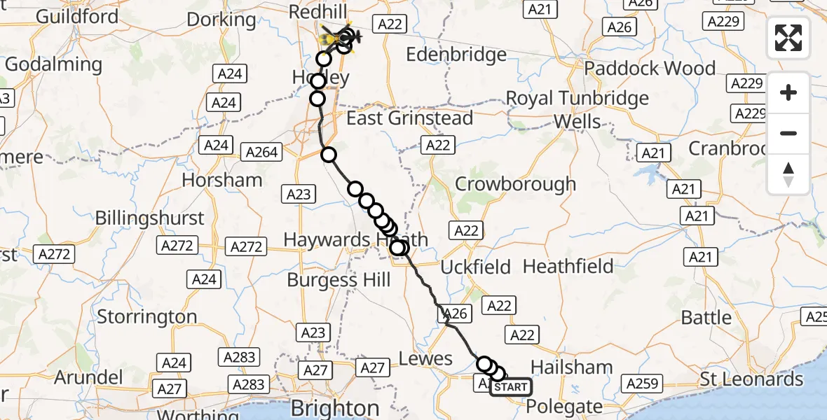 Flight route Police Helicopter Selmeston - Tandridge, 23 October 2026, 20:58