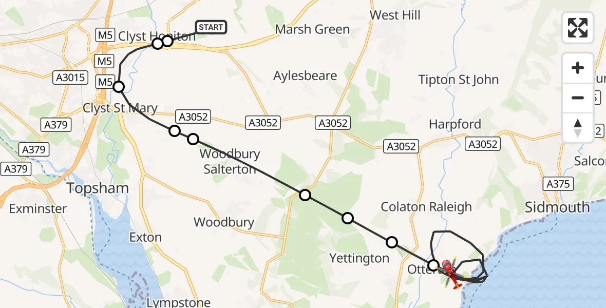 Flight route Air Ambulance Helicopter Exeter International Airport - Otterton, 23 October 2026, 21:11