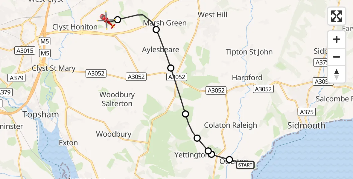 Flight route Air Ambulance Helicopter Otterton - Exeter International Airport, 23 October 2026, 21:28