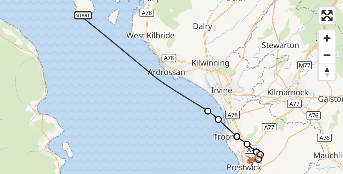 Flight route Coastguard Helicopter Inner Seas - Glasgow Prestwick Airport, 23 October 2026, 21:31