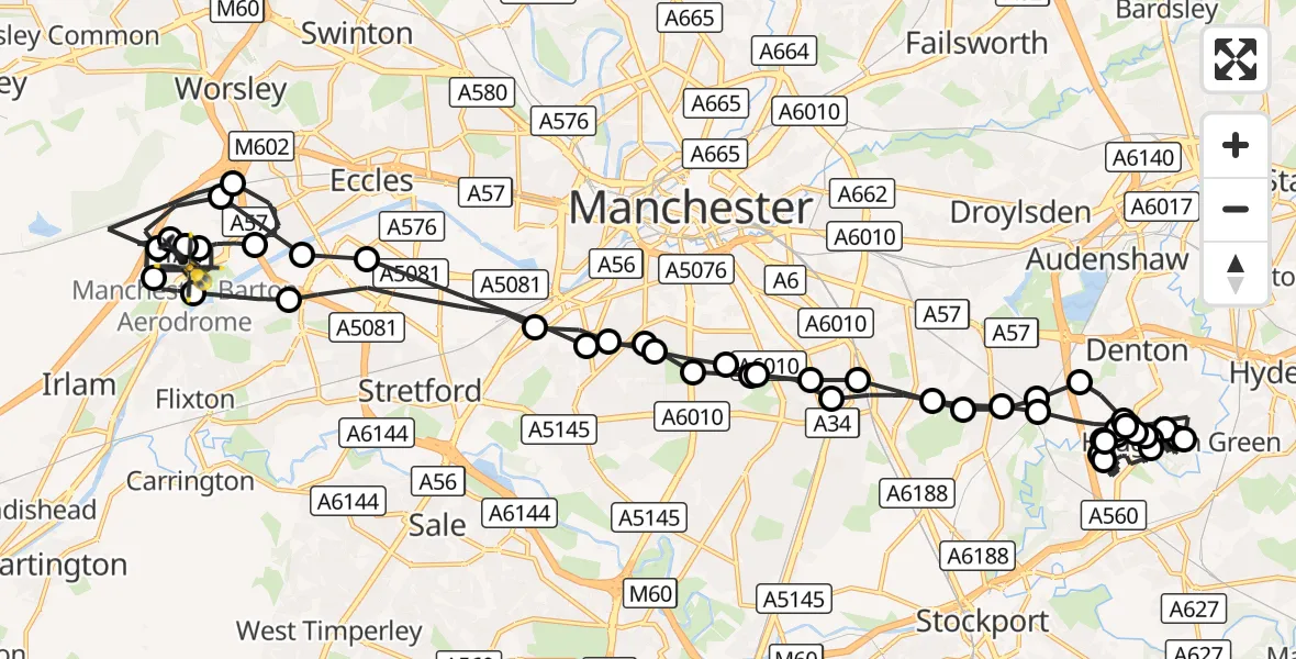 Flight route Police Helicopter Manchester Barton Aerodrome - Manchester Barton Aerodrome, 23 October 2026, 22:18
