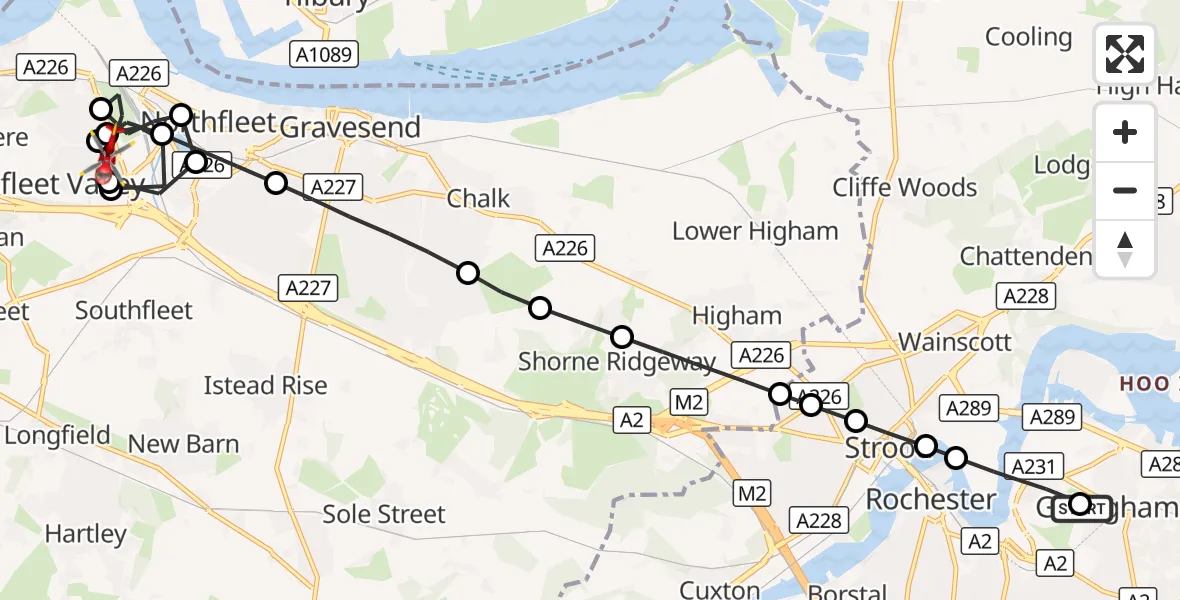 Flight route Air Ambulance Helicopter Chatham - Dartford, 23 October 2026, 22:42
