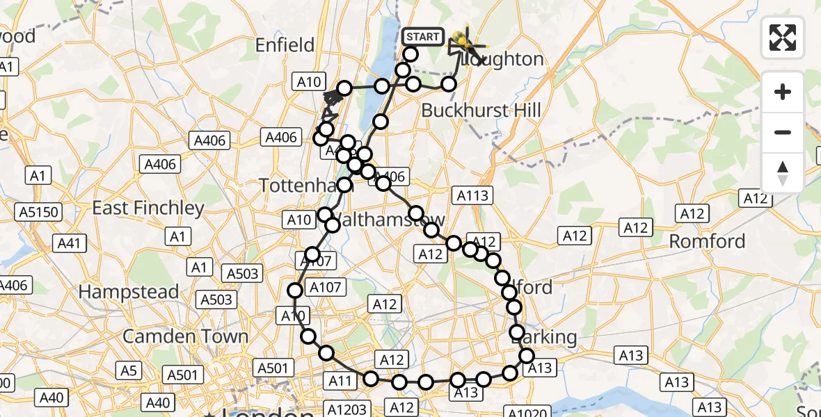 Flight route Police Helicopter Sewardstonebury - Loughton, 23 October 2026, 22:46