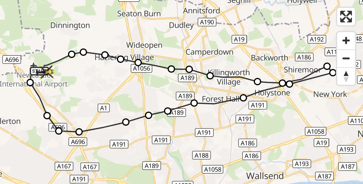 Flight route Police Helicopter Newcastle International Airport - Newcastle International Airport, 23 October 2026, 22:46