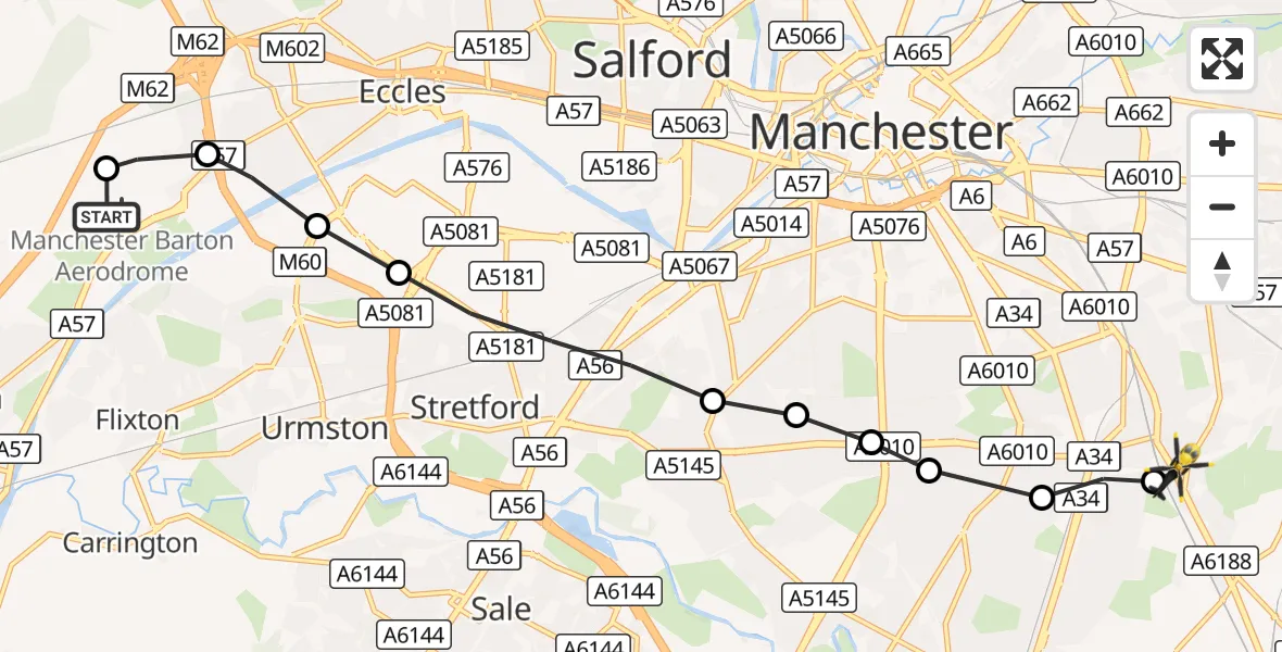 Flight route Police Helicopter Manchester Barton Aerodrome - Levenshulme, 23 October 2026, 23:31