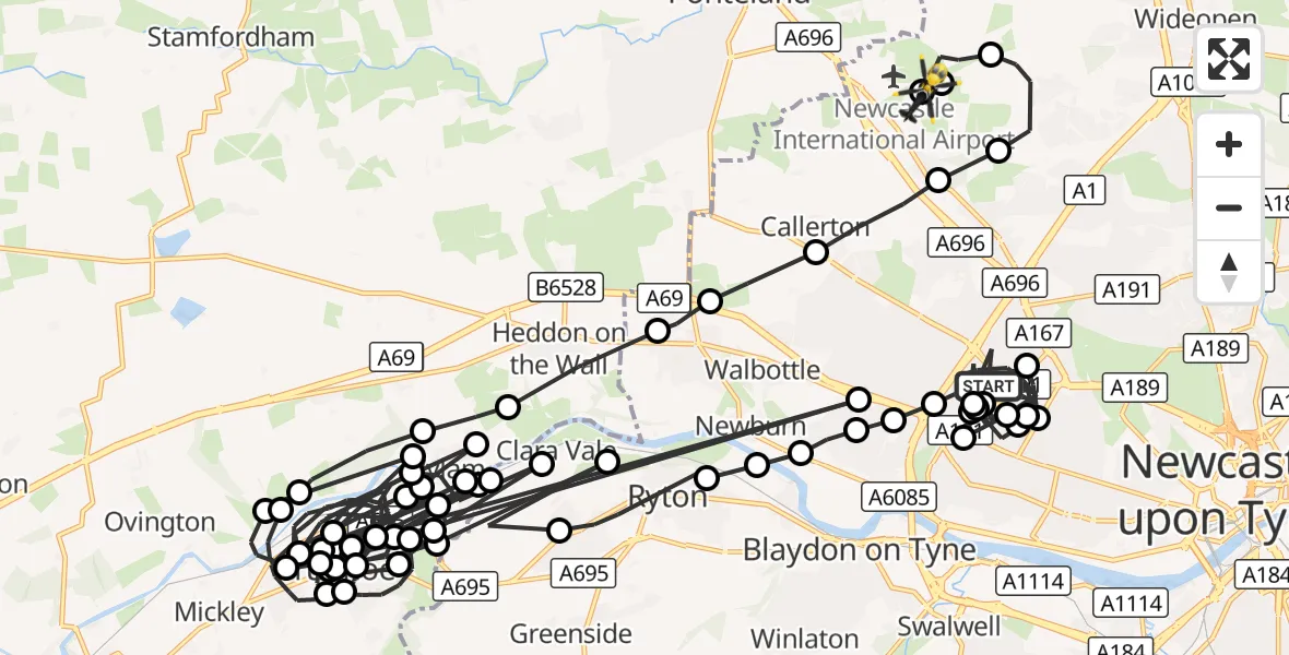 Flight route Police Helicopter Blakelaw - Newcastle International Airport, 24 October 2026, 00:12