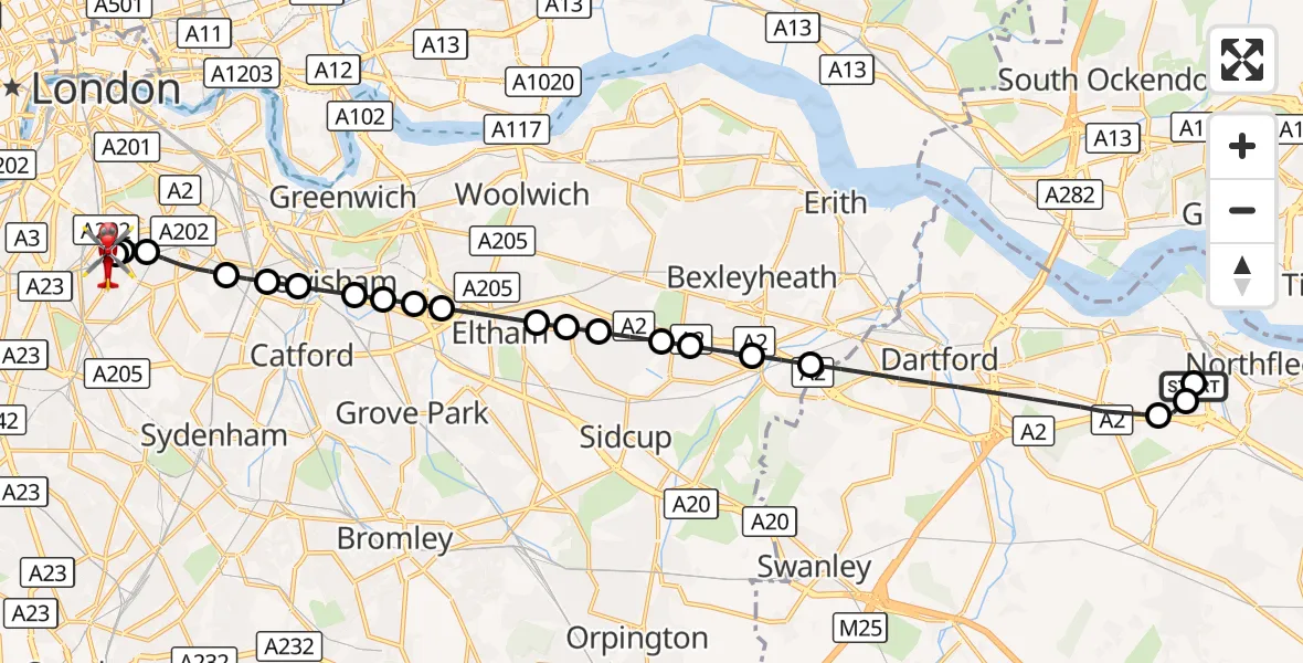 Flight route Air Ambulance Helicopter Ebbsfleet Garden City - Kings College London Hospital, 24 October 2026, 00:28