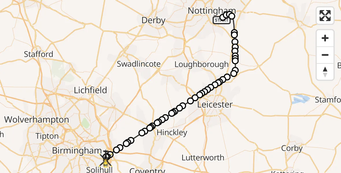 Flight route Police Helicopter Nottingham City Airport - Birmingham Airport, 24 October 2026, 00:29