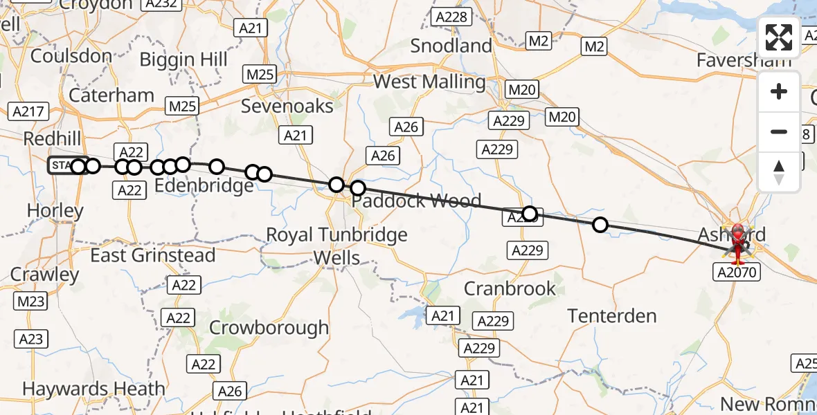 Flight route Air Ambulance Helicopter Redhill Aerodrome - Ashford, 24 October 2026, 03:42