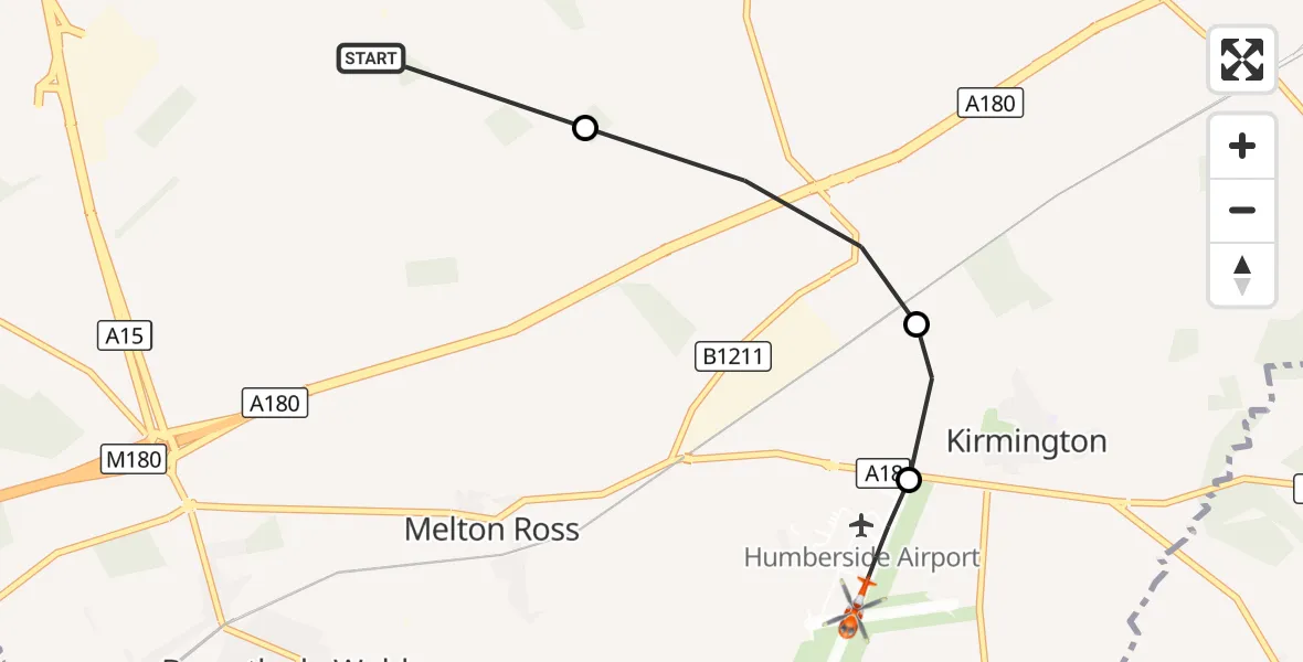 Flight route Coastguard Helicopter Wootton - Humberside Airport, 24 October 2026, 05:11