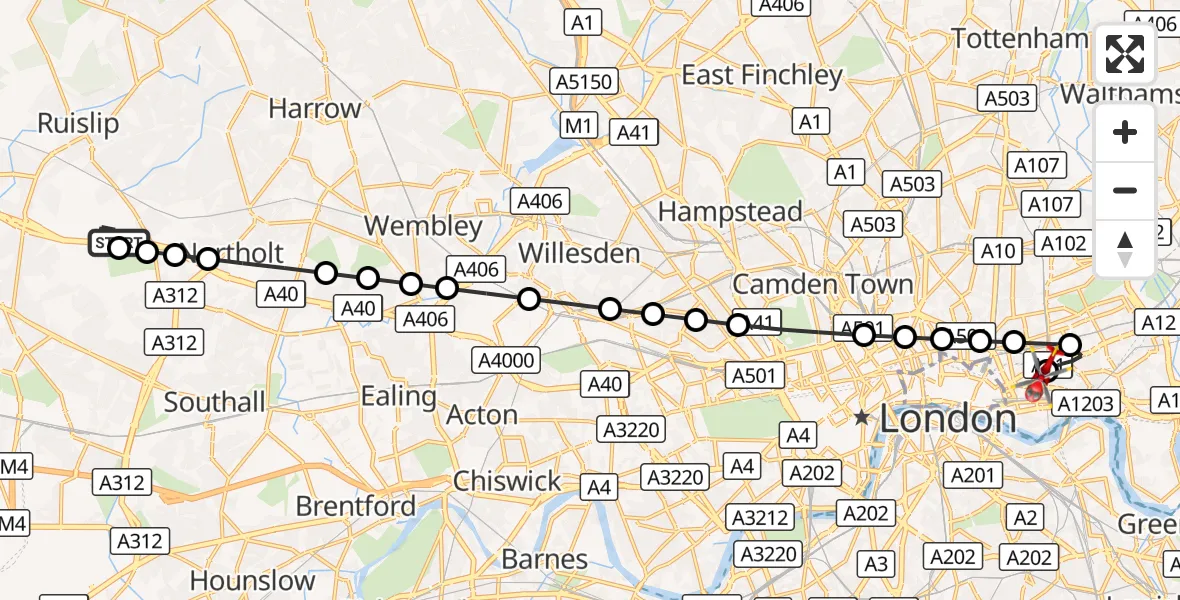 Flight route Air Ambulance Helicopter RAF Northolt - Royal London Hospital, 24 October 2026, 06:54