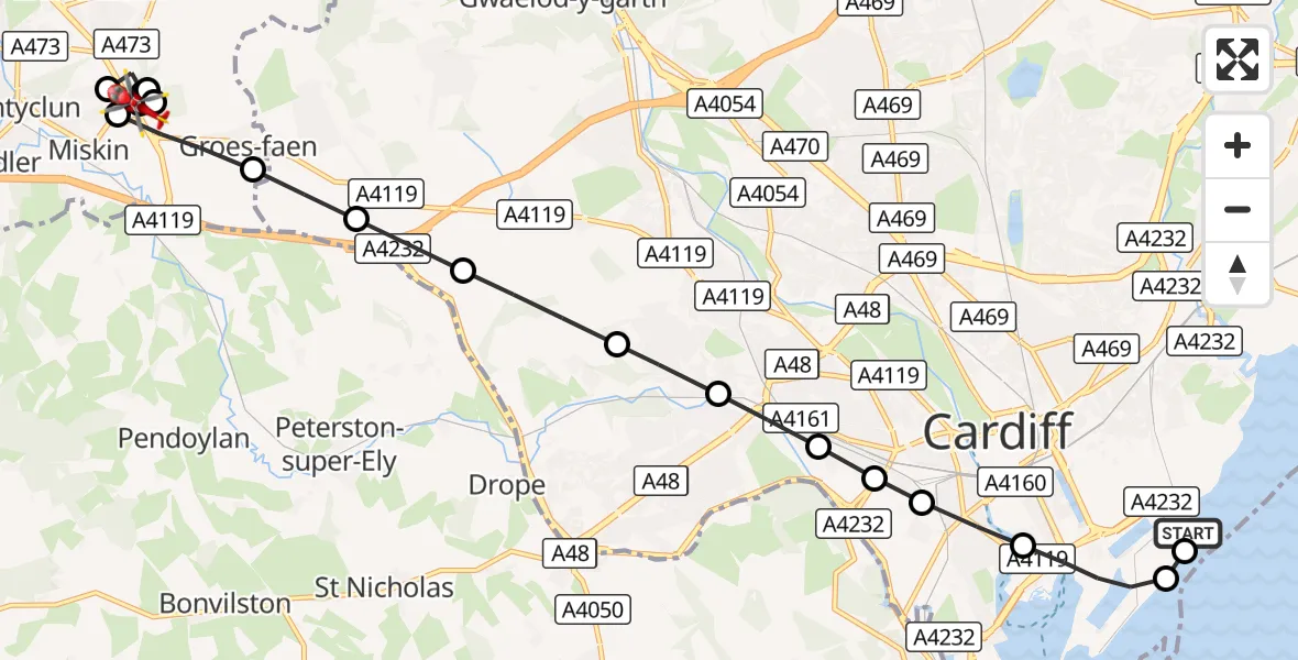 Flight route Air Ambulance Helicopter Cardiff Heliport - Miskin, 24 October 2026, 07:43