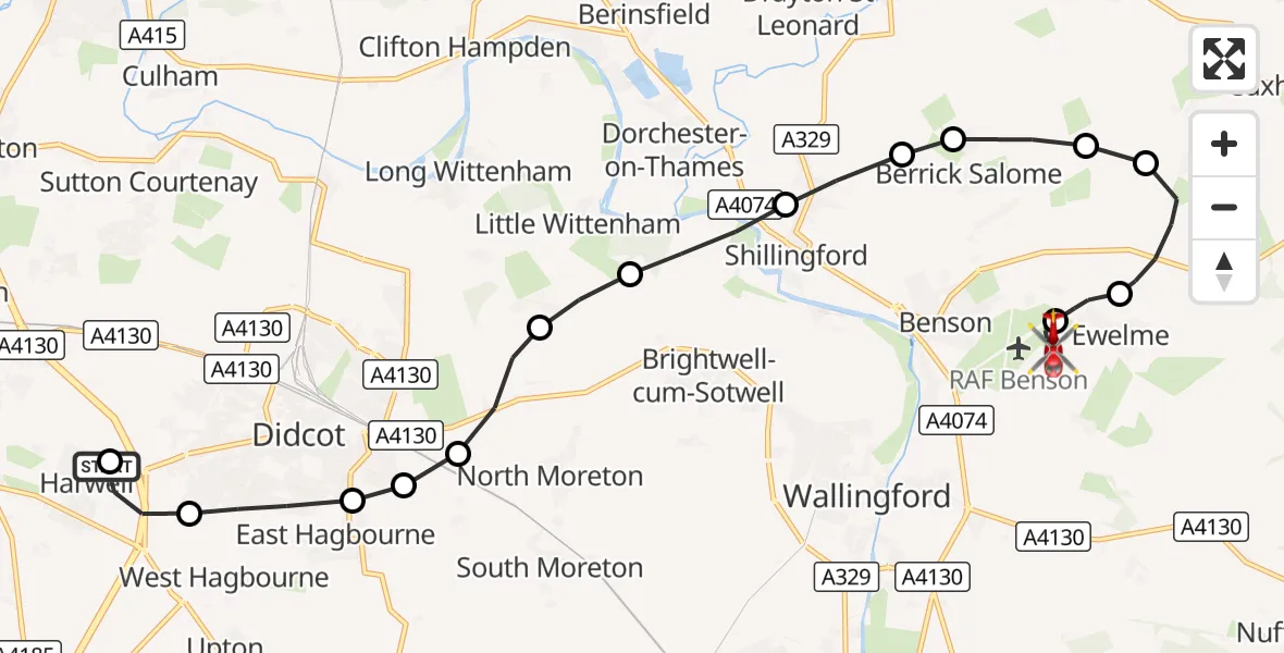 Flight route Air Ambulance Helicopter Harwell - RAF Benson, 24 October 2026, 08:34