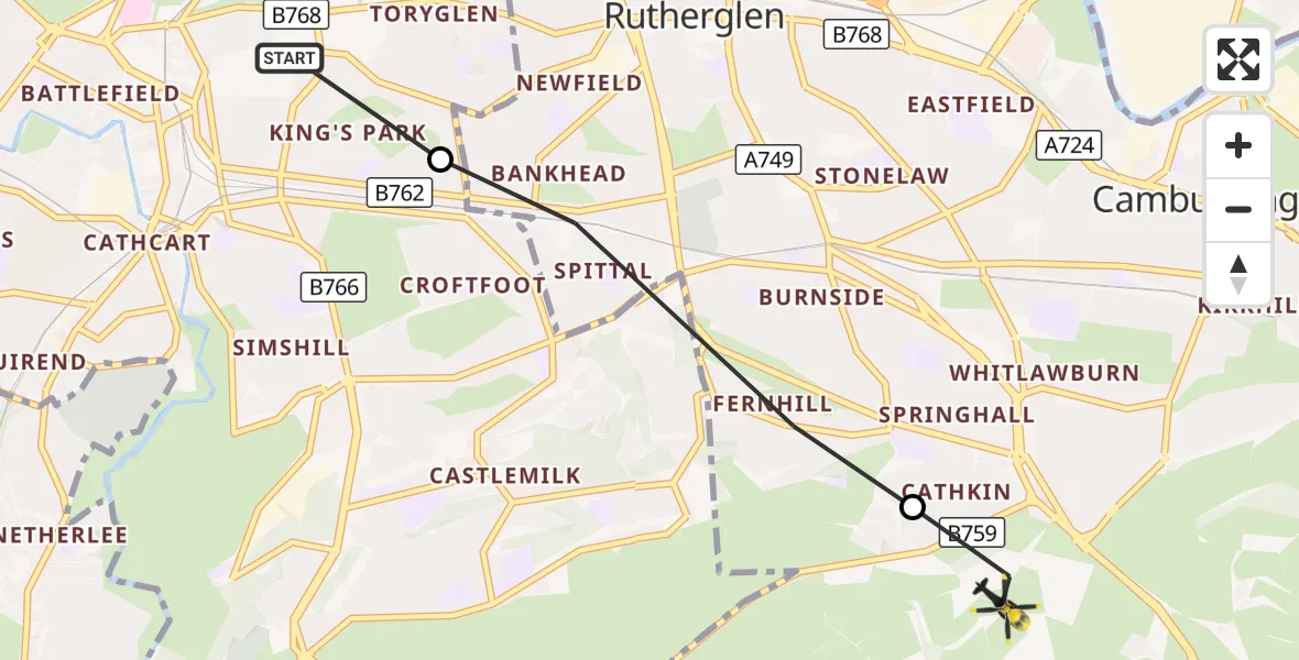 Flight route Police Helicopter Glasgow - Cambuslang, 24 October 2026, 08:48