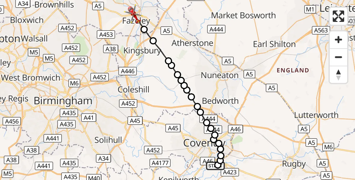 Flight route Air Ambulance Helicopter Coventry Airport - Tamworth, 24 October 2026, 08:51