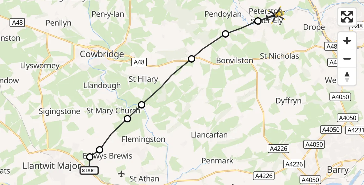 Flight route Police Helicopter Boverton - Peterston-super-Ely, 24 October 2026, 08:56
