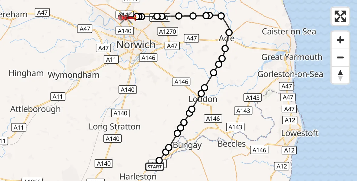 Flight route Air Ambulance Helicopter Wortwell - Norwich Airport, 24 October 2026, 09:57