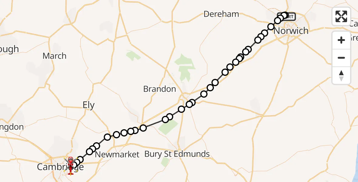 Flight route Air Ambulance Helicopter Norwich Airport - Cambridge City Airport, 24 October 2026, 09:57