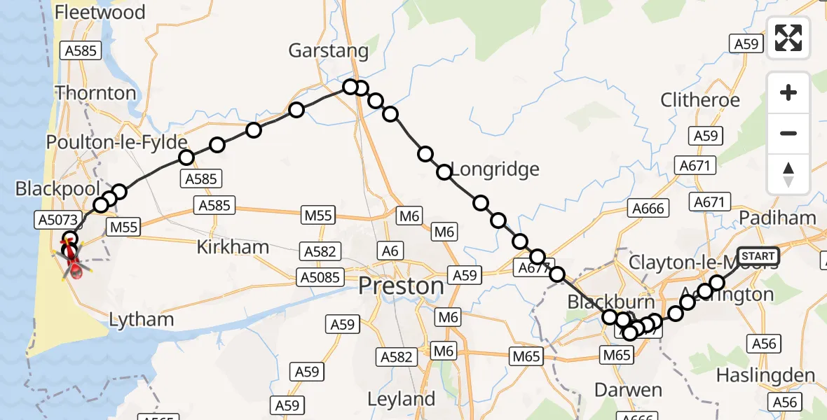 Flight route Air Ambulance Helicopter Huncoat - Blackpool Airport, 24 October 2026, 10:03